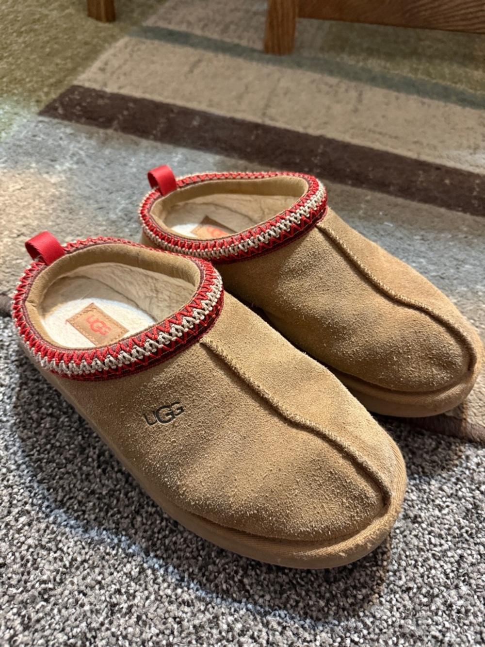 UGG Chestnut Suede Slip-On Mules with Red Trim